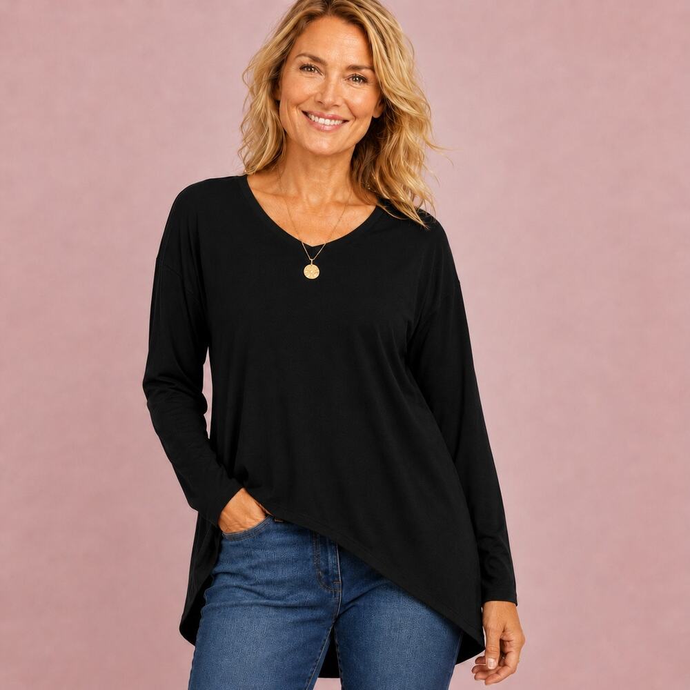 Eileen Fisher Women's Tunic Top L Black Asymmetrical Hem Long Sleeve V-Neck Tee